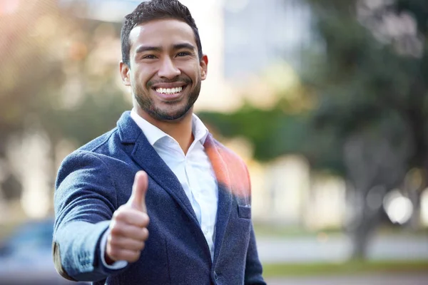 Happiness Comes Those Who Allow Handsome Young Businessman Giving Thumbs — Foto de Stock