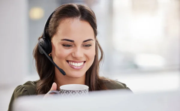 Customer Care What Shes Good Young Call Centre Agent Drinking — Fotografia de Stock