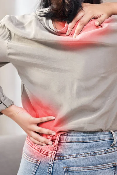 Bad Posture Causes Backche Unrecognizable Woman Suffering Backache Home — Fotografia de Stock