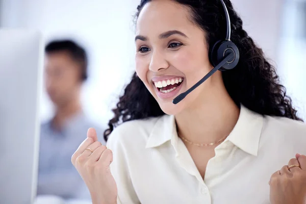 She Easily Exceeds Her Targets Young Call Centre Agent Cheering — Stock Photo, Image
