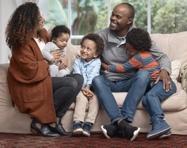 Family Means World Happy Family Relaxing Sofa Home — Photo