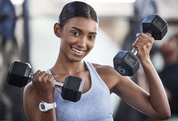 Moved Heavier Weights Portrait Sporty Young Woman Exercising Dumbbells Gym — Stock Photo, Image