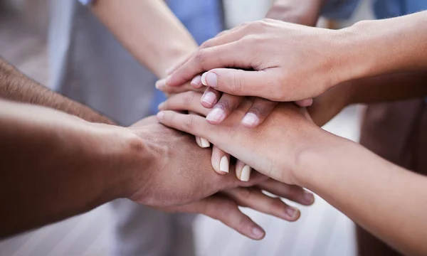 Team Effort Unrecognisable Group Businesspeople Standing Together Hands Stacked Middle — Stockfoto