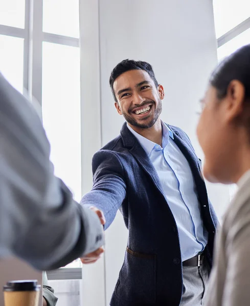 Pleased Meet You Two Business People Shaking Hands Meeting — Stockfoto