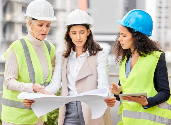 Looking Plans Three Attractive Female Engineers Looking Blueprints While Standing — Photo