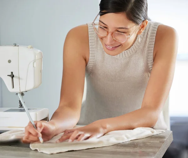 Craftiness Happiness Young Woman Designing Garment Her Workshop — Stockfoto