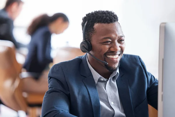 Hes Happy Help Handsome Young Male Call Center Agent Working — Stockfoto