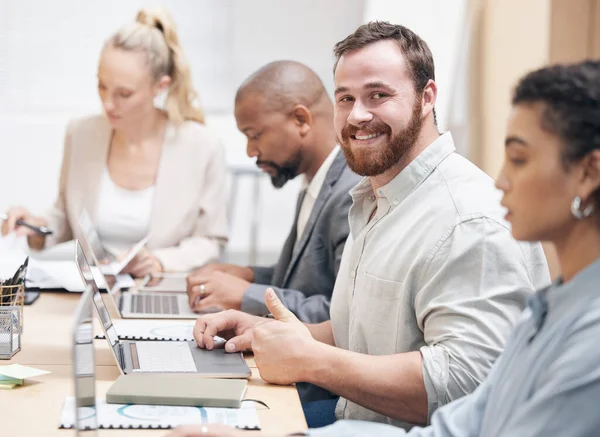 Ready Meeting Cropped Portrait Handsome Young Businessman His Colleagues Sitting — Stock Fotó