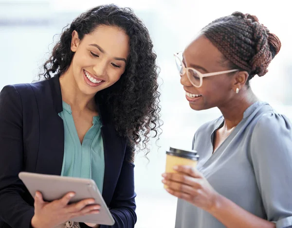 Technology Third Member Team Two Attractive Young Businesswomen Looking Tablet — Foto Stock