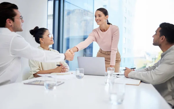 Discuss New Strategies Group People Having Meeting Shaking Hands Modern — Stockfoto