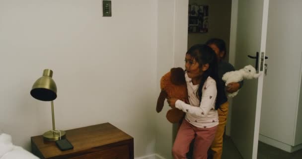 Cute Sneaky Children Waking Parents Bedroom Adorable Kids Having Fun — Video