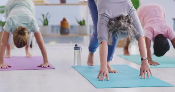 Senior Yoga Instructor Teaching Yoga Pose Mature Women Her Exercise — Vídeos de Stock