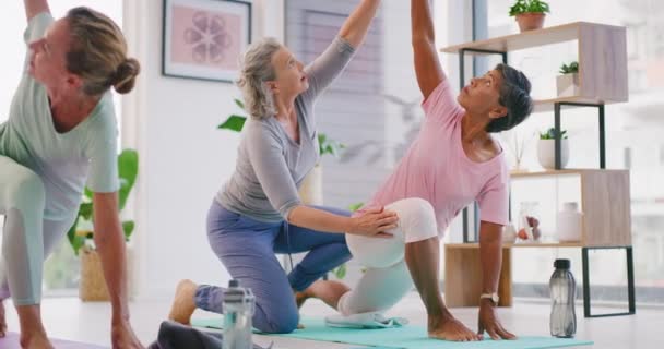 Kıdemli Yoga Eğitmeni Yeni Başlayanlara Egzersiz Sınıfında Olgun Kadınlara Poz — Stok video