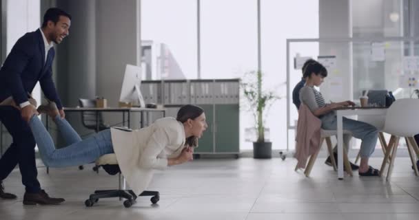 Extremely Happy Partner Enjoying Success Acting Swimming Office Chair Two — Video Stock