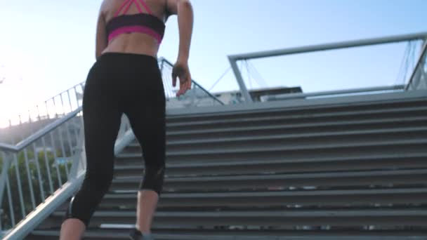 Athletic Fitness Jogger Running Exercising Outdoors Urban Town Bridge Low — Video Stock