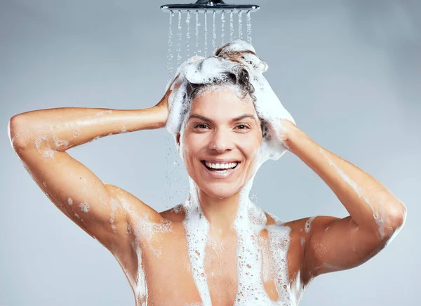 More Frizzy Hair Young Woman Washing Her Hair Shower Grey — Stock Photo, Image