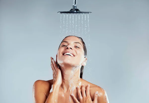 Fresh Clean Young Woman Taking Shower Grey Background — Stockfoto