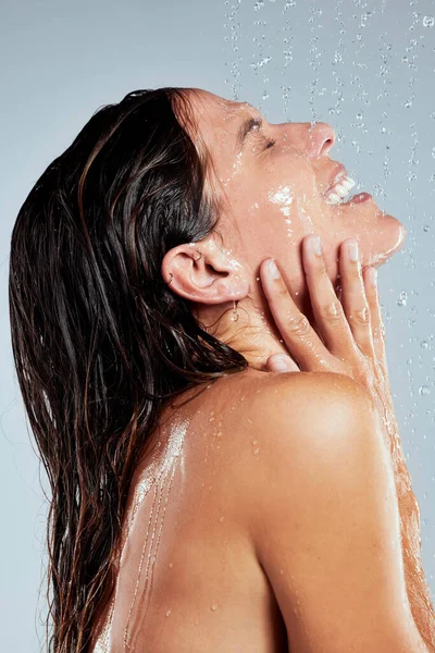 Showers Time Young Woman Taking Shower Grey Background — Stock Fotó