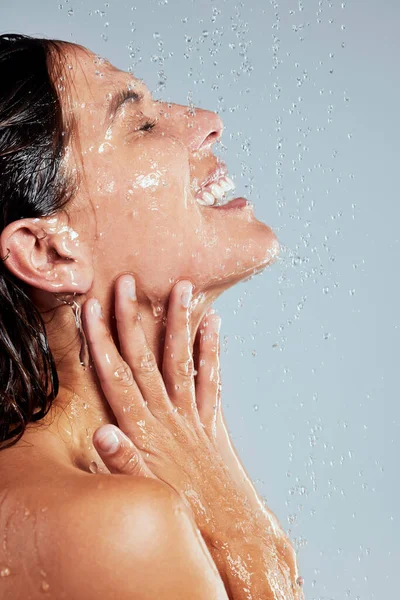 Wash Away All Negativity Young Woman Taking Shower Grey Background — Fotografia de Stock