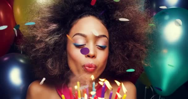 Video Footage Young Woman Blowing Out Birthday Candles Studio Background — Stockvideo