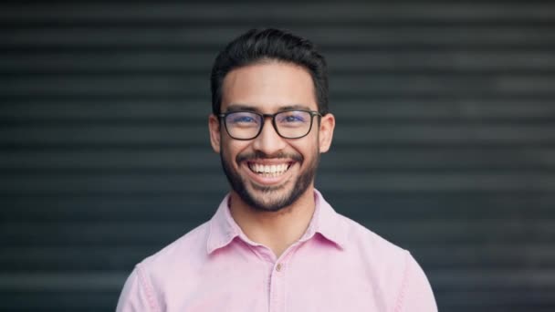 Happy Confident Relaxed Young Nerd Man Wearing Glasses Smiling While — Αρχείο Βίντεο