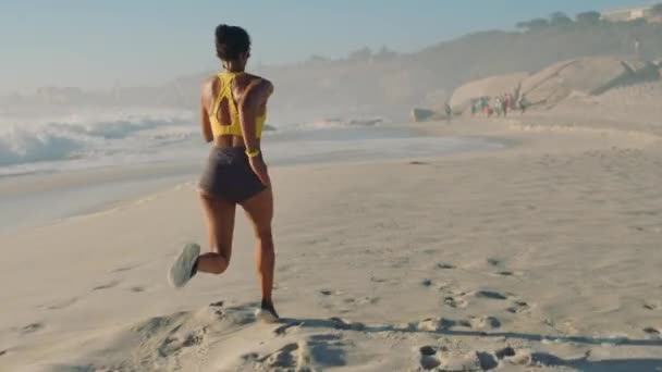 Sporty Active Fit Woman Running Jogging Exercising Fitness Beach Seashore — стоковое видео