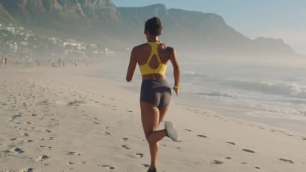 Active Sporty Athletic Woman Running Training Doing Cardio Beach Summer — Stockvideo