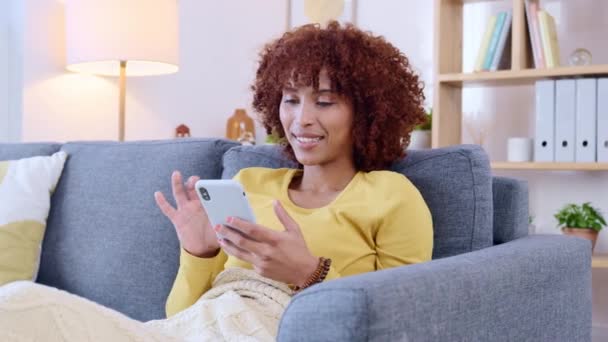 Happy Smiling Laughing Woman Texting Browsing Scrolling Phone Home Cheerful — Stok Video