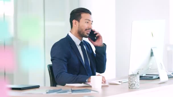 Happy Positive Confident Business Man Talking Phone Checking His Online — Video Stock