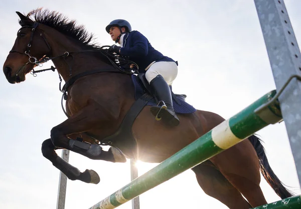 Head Heels Young Rider Jumping Hurdle Her Horse — 图库照片