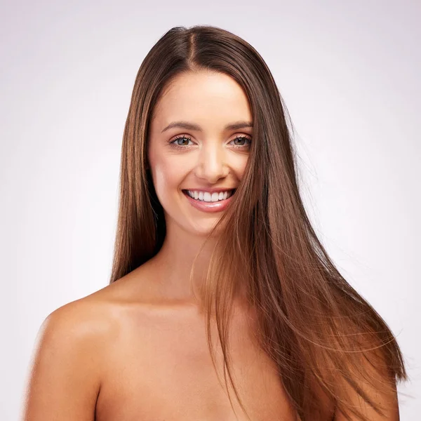Haircare Priority Mine Studio Portrait Attractive Young Woman Posing Grey — Zdjęcie stockowe