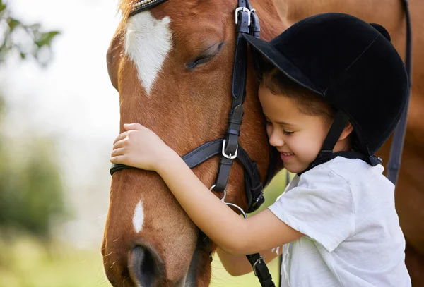 You Have Won Friend Life Little Girl Hugging Horse — стоковое фото