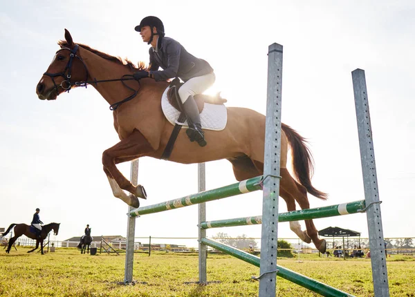 Horses Lend Wings Lack Young Rider Jumping Hurdle Her Horse — 图库照片