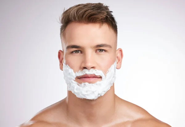 Ready Say Goodbye Beard Studio Shot Young Man Shaving Cream — Stock Photo, Image