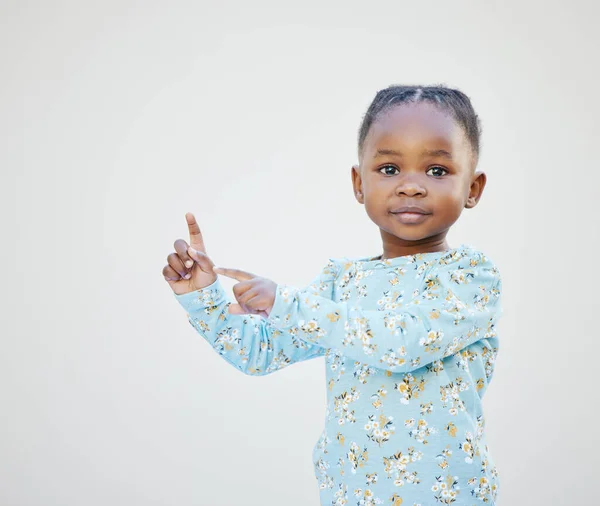 Think Cute Check Out Adorable Little Girl Standing White Background — 스톡 사진
