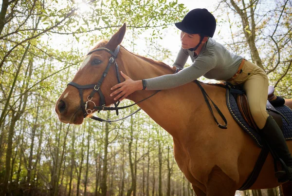 Youre Good Boy Attractive Young Woman Petting Her Horse Ride — Stockfoto