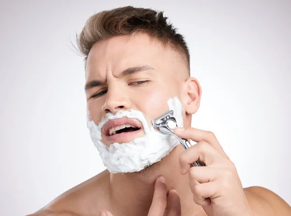 Doing Right Studio Shot Young Man Shaving His Face Grey — Foto Stock