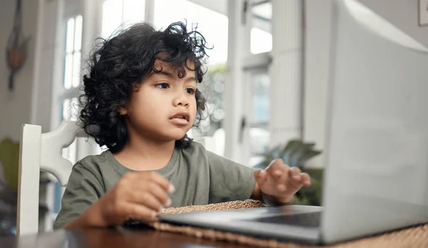 Sure Can Solve Adorable Little Boy Using Laptop While Sitting — Zdjęcie stockowe