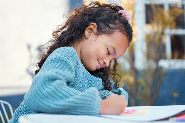 Teacher Says Improving Little Girl Completing Homework Her Yard — Photo