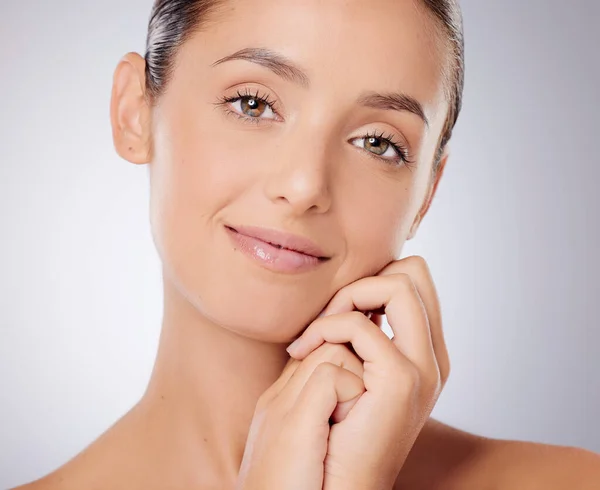 Keep Your Skin Glowing Beautiful Young Woman Posing Grey Background — Stockfoto