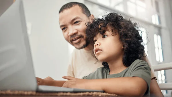 You got them all right. a little boy using a laptop while sitting at home with his father