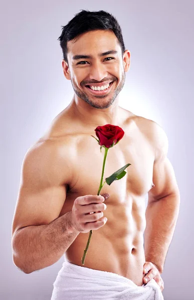 Hope Youll Accept Rose Studio Shot Handsome Young Man Posing — Stockfoto