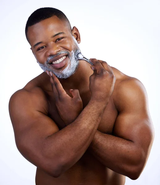 Bye Bye Beardy Studio Portrait Handsome Young Man Shaving White — Stok fotoğraf