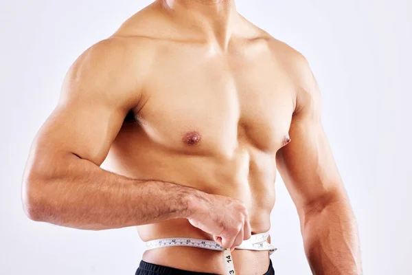 Finally Exactly Want Male Athlete Measuring His Waist White Studio — Foto Stock