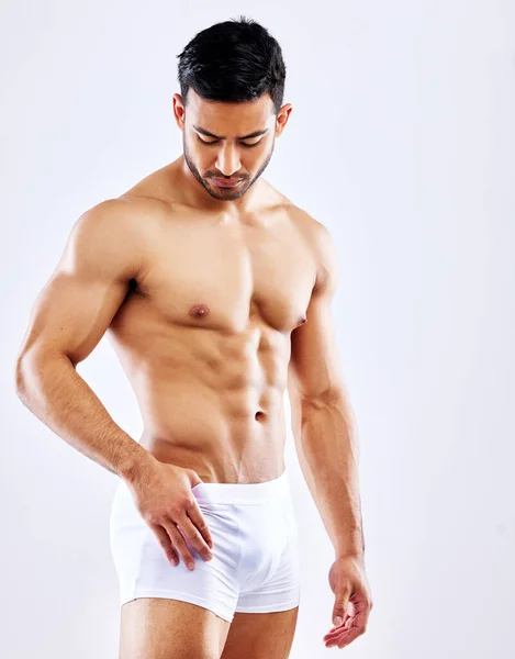 Ive Worked Hard Build Body Man Posing His Underwear White — Photo