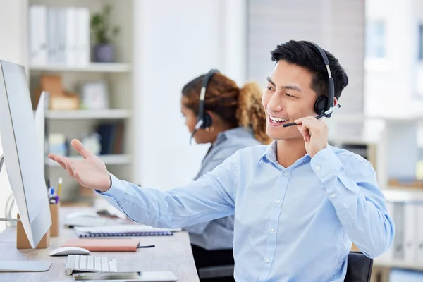 Happy Confident Helpful Call Centre Agent Talking Headset While Working — 스톡 사진