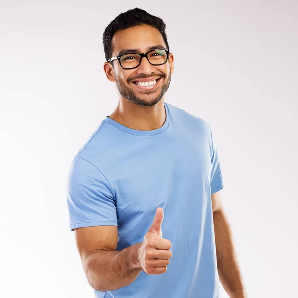 One Has Positive Studio Shot Young Man Showing Thumbs Gesture — Photo