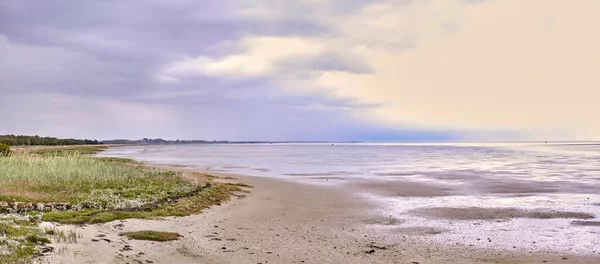 Beautiful Outdoors Tidal Sand Landscape Empty Beach Nature Clouds Background — 스톡 사진