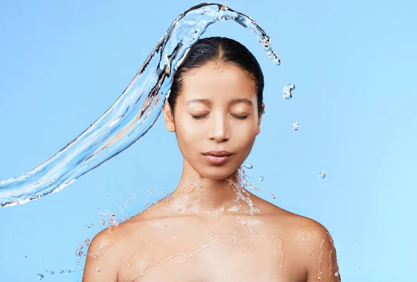 Shes Magic One Beautiful Young Woman Being Splashed Water Blue — Fotografia de Stock