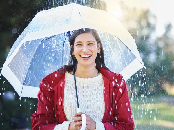 Rain Cant Get Now Young Woman Holding Umbrella Rain — Fotografia de Stock
